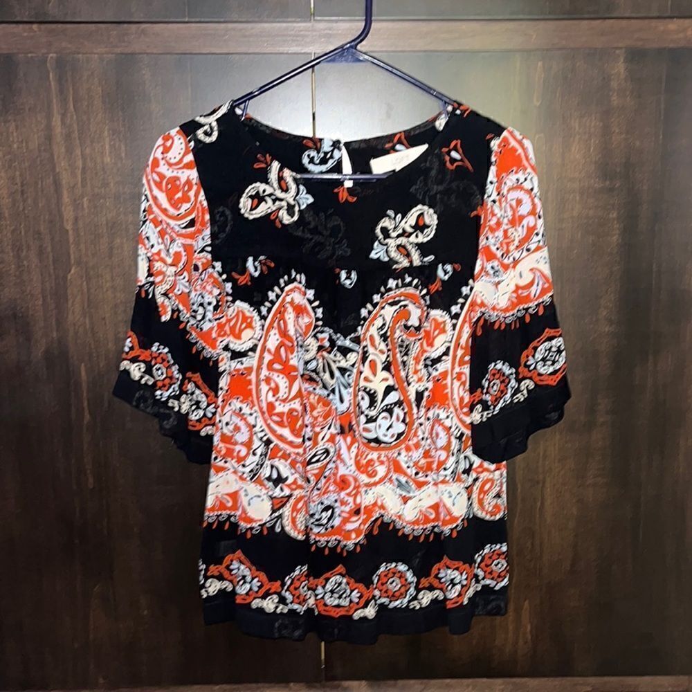 Ann Taylor LOFT Orange & Black‎ Paisley Print Top